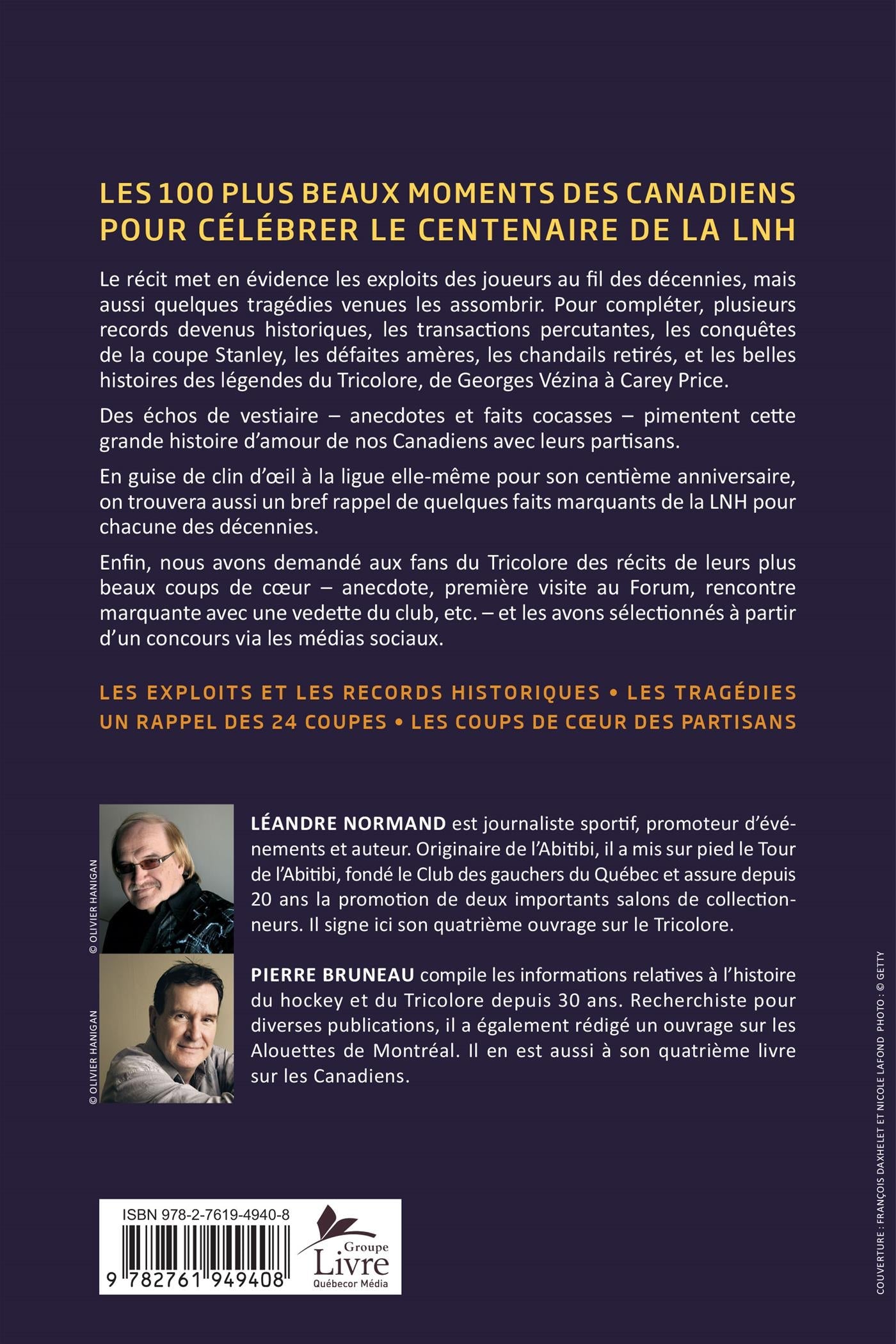 Couverture du livre de 100 moments historiques des Canadiens - papier format