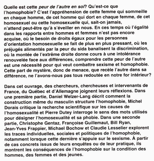 Couverture du livre de La peur de l'autre en soi. Du sexisme à l'homophobie - papier format