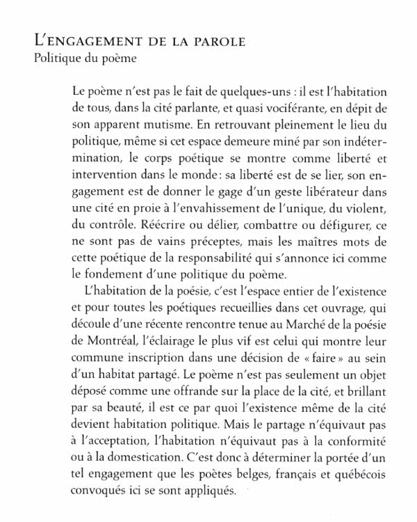 Couverture du livre de L'engagement de la parole : politique du poème - papier format