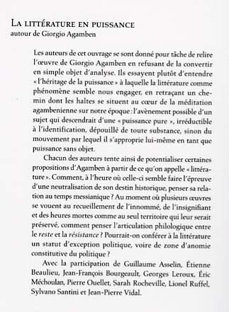 Couverture du livre de La littérature en puissance autour de Giorgio Agamben - papier format