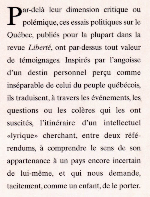 Couverture du livre de Ce pays comme un enfant : essais sur le Québec, 1988-1996. - papier format