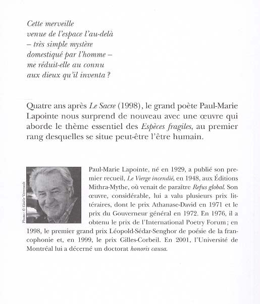 Couverture du livre de Espèces fragiles - papier format