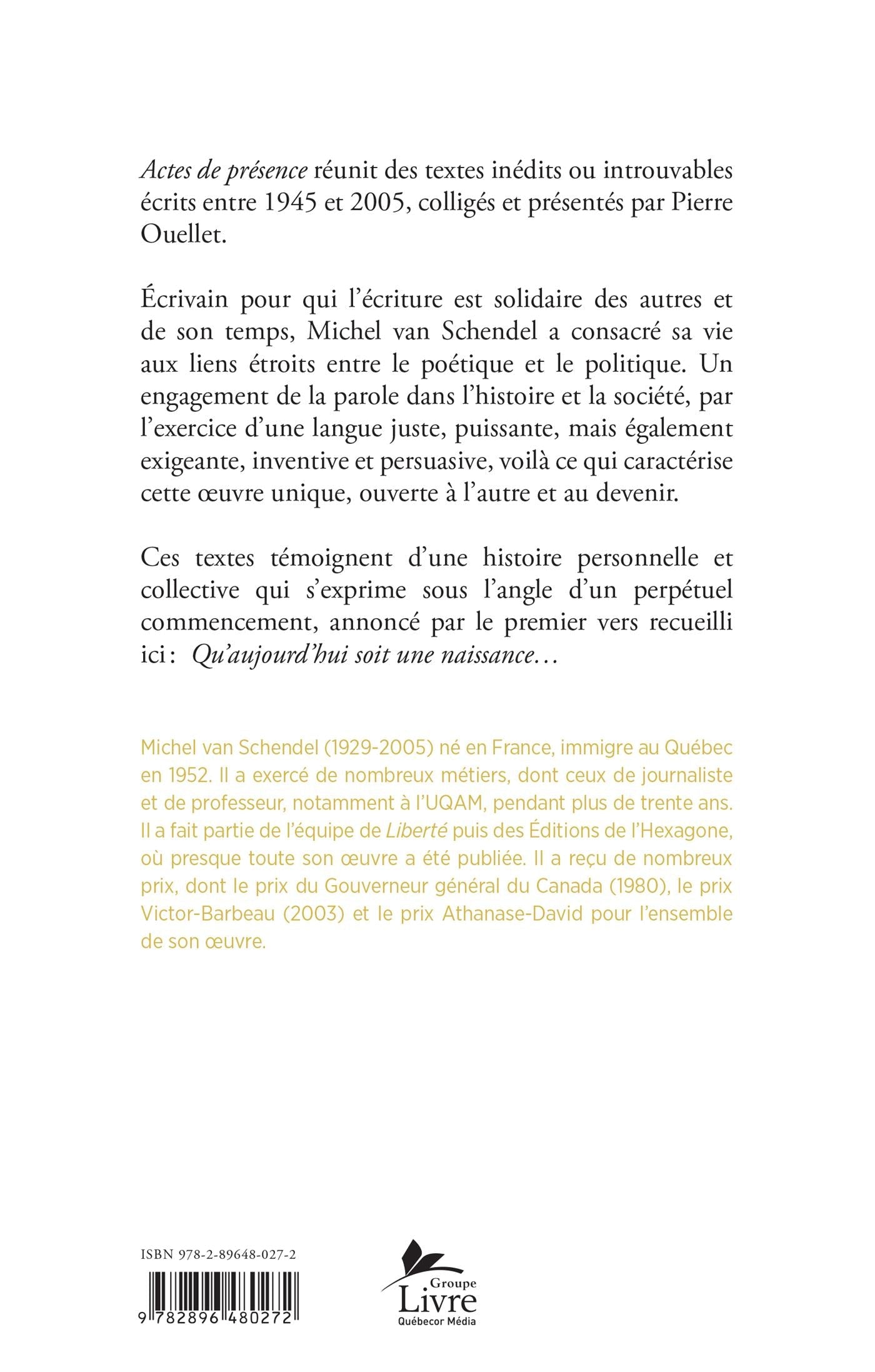 Couverture du livre de Actes de présence (1945-2005) : poèmes inédits ou introuvables - papier format