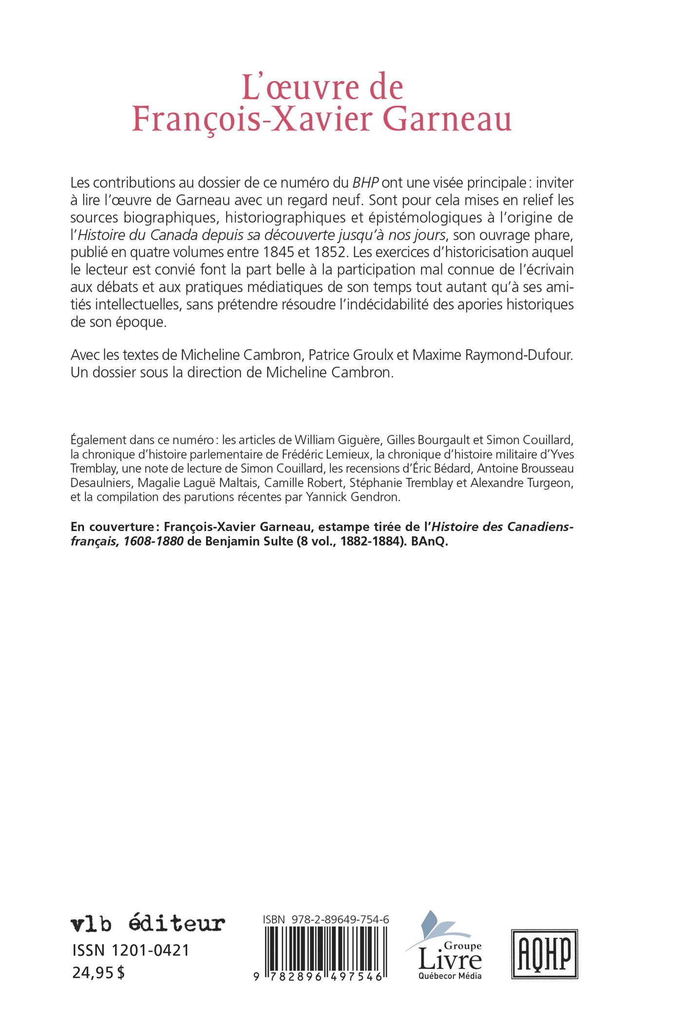 Couverture du livre de L'oeuvre de François-Xavier Garneau - papier format