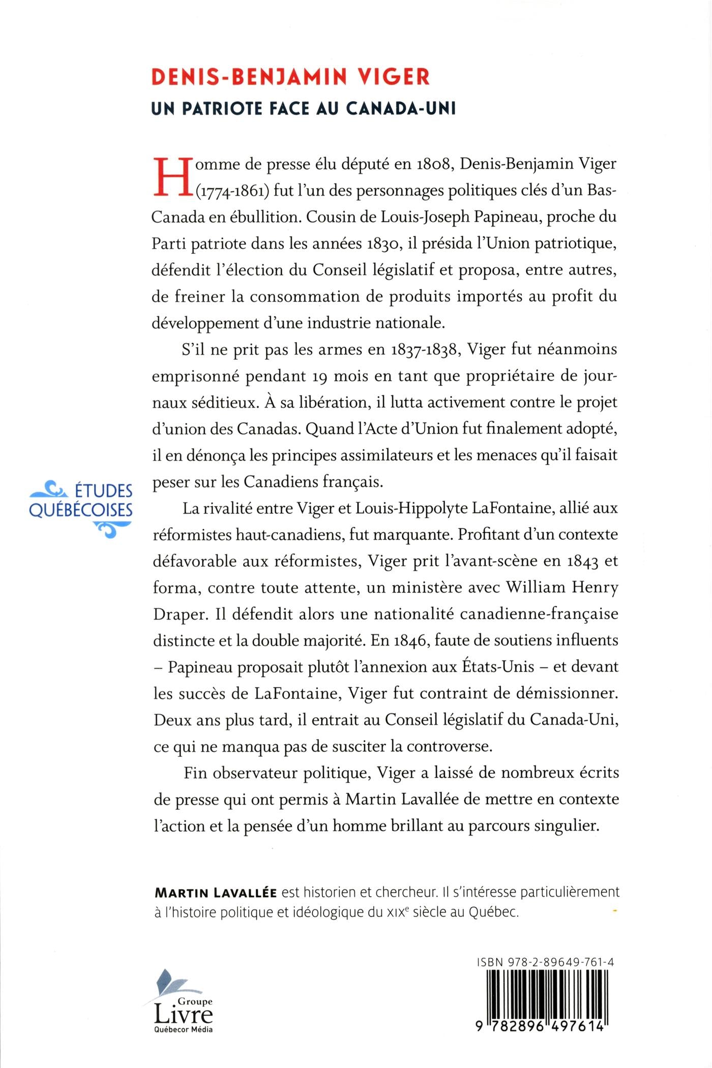 Couverture du livre de Denis-Benjamin Viger : un patriote face au Canada-Uni - papier format