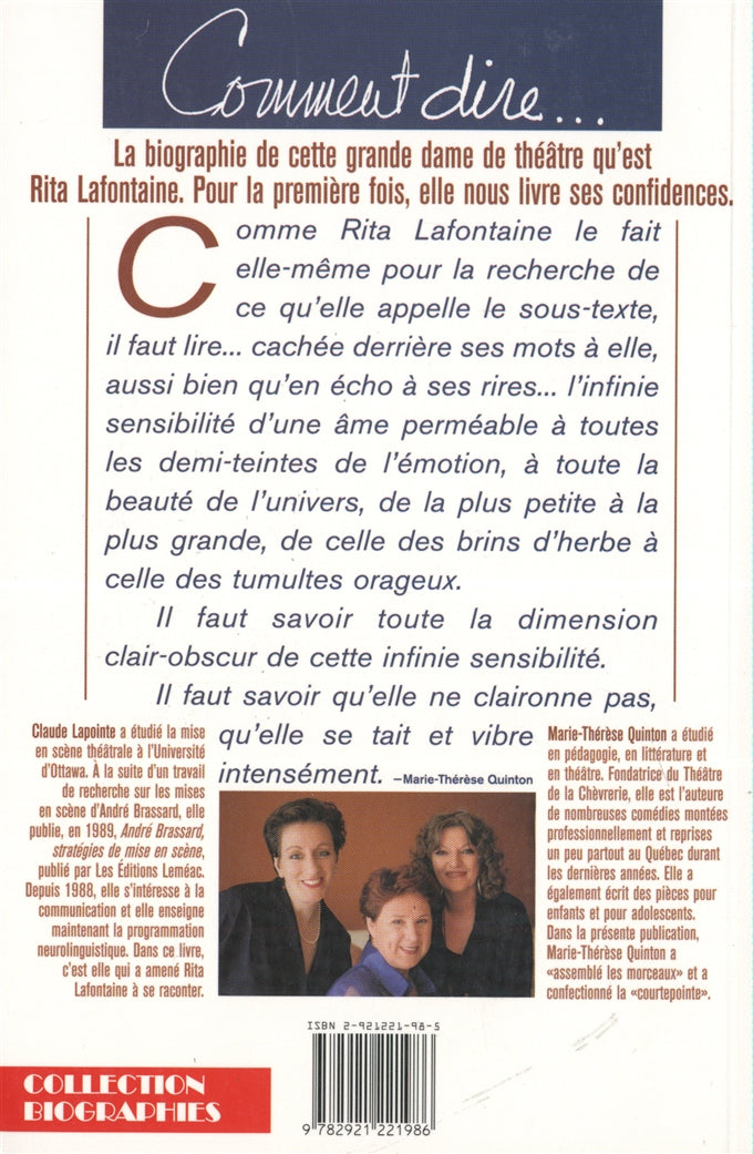 Couverture du livre de Rita Lafontaine Comment dire... - papier format