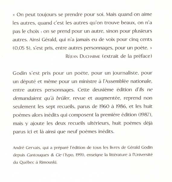 Couverture du livre de Ils ne demandaient qu'à brûler : poèmes, 1960-1993 - papier format